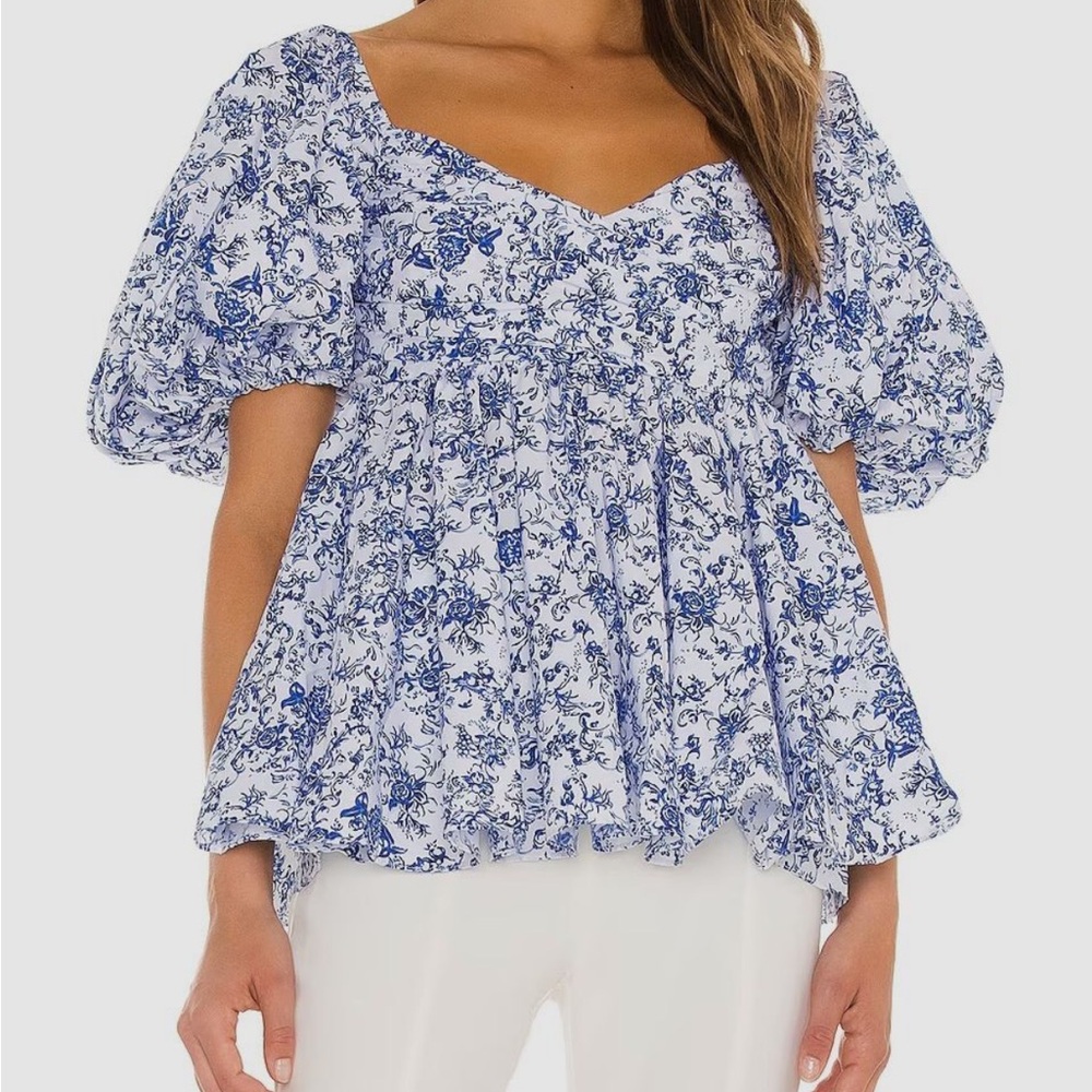 Caroline constas brie babydoll blue floral‎ cottagecore puff sleeve top